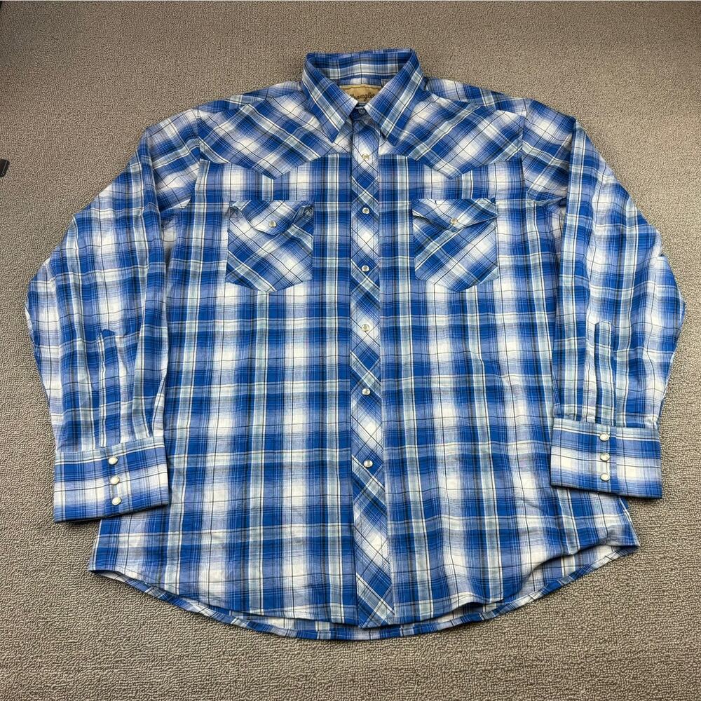 Wrangler‎ Shirt Men's Medium Long Sleeve Pearl Snap Blue Plaid Cowboy Western